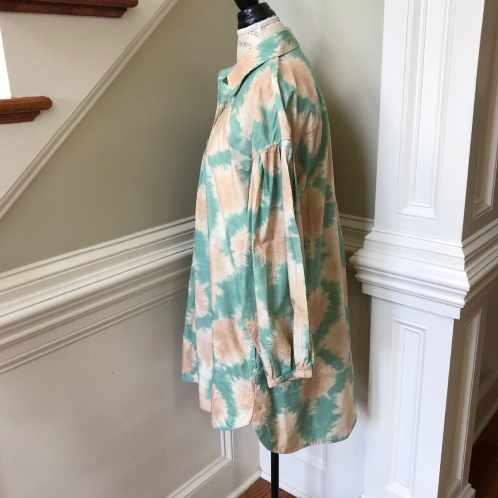 Ulla Johnson Alejandra Shirt Shift Dress Womens 6 Teal Green Tan Long Sleeve - Picture 8 of 12
